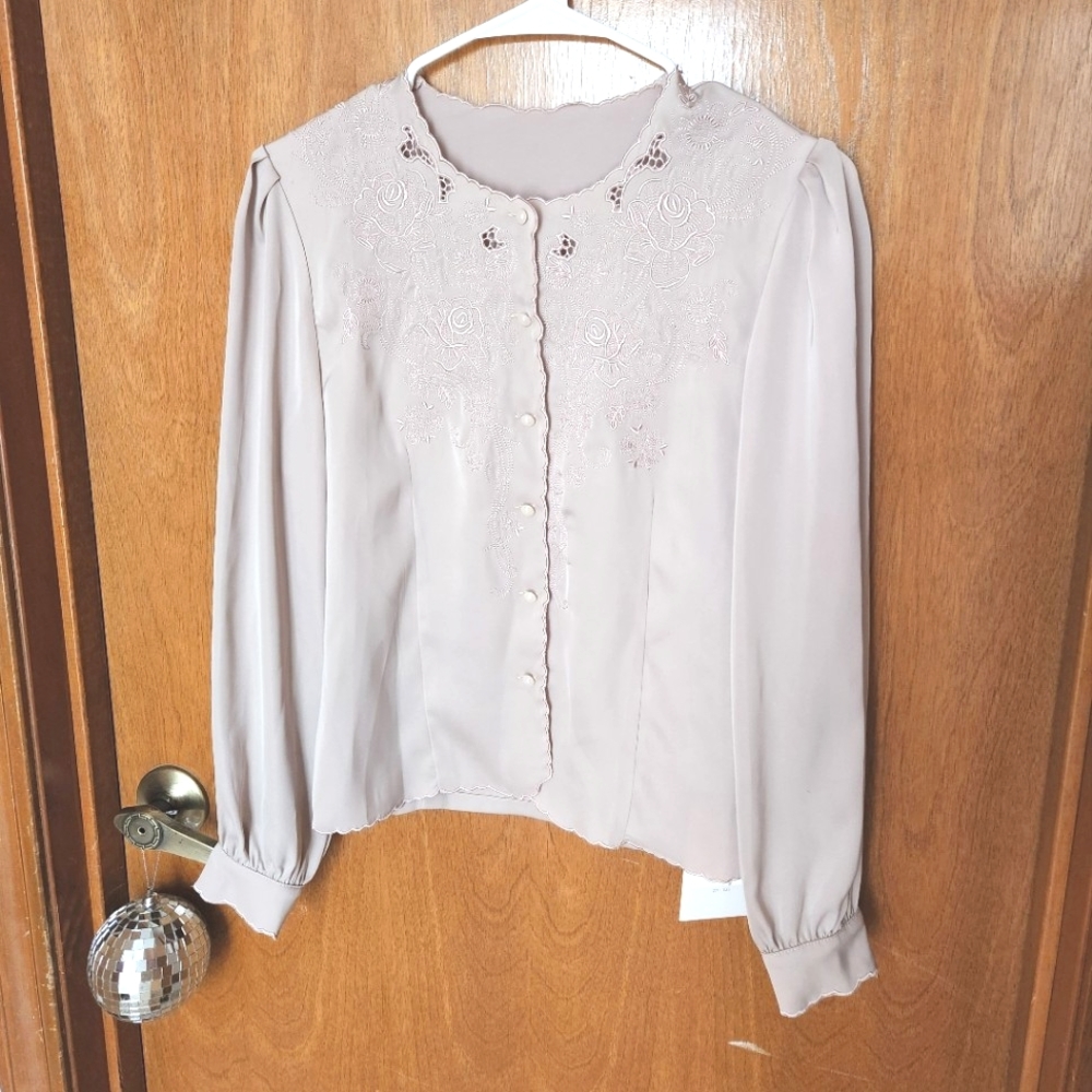 Simple Retro Blush Nude Satin Floral Embroidered Blouse Top Cottagecore
